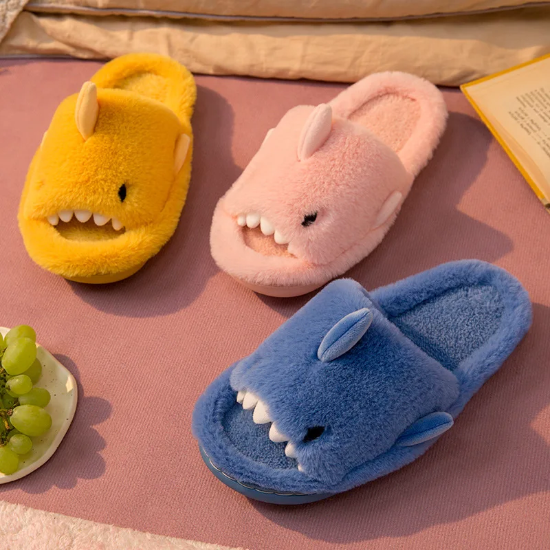 Gacimy Plush Shark Slippers For Women Soft Furry Platform Slippers Winter Indoor Open-Toe Cotton Shoes Men Anti-Slip Flip Flops