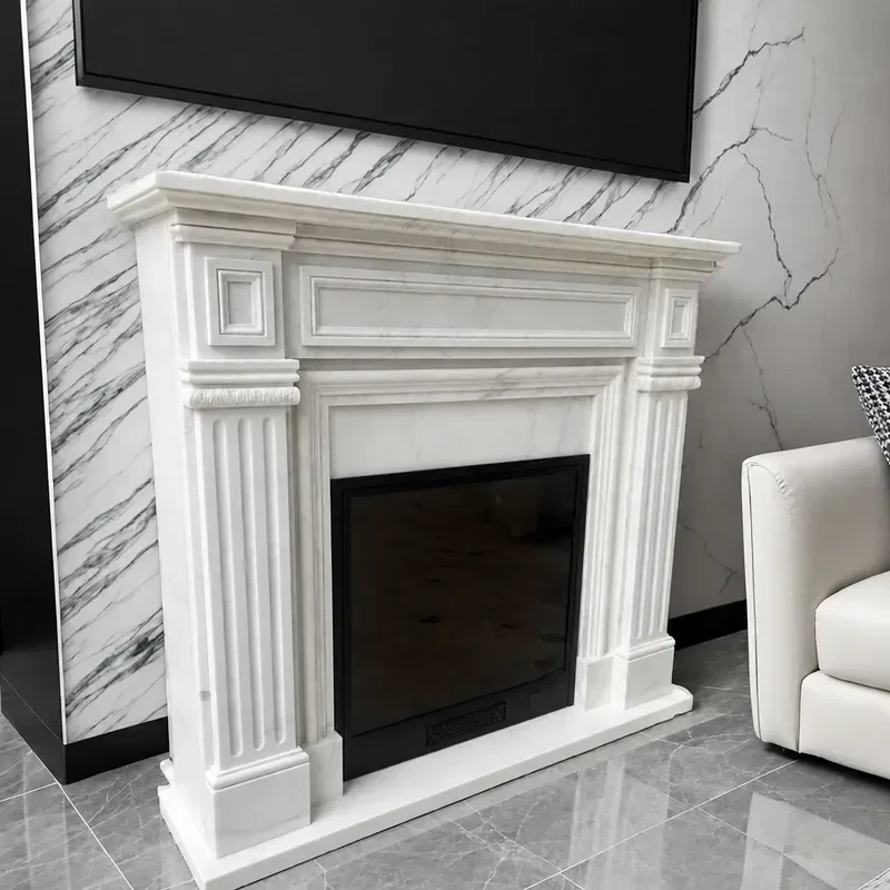 Natural White Marble Fireplace Mantel American Style Modern Simple Decorative Stone Cabinet Rack for Home Living Room