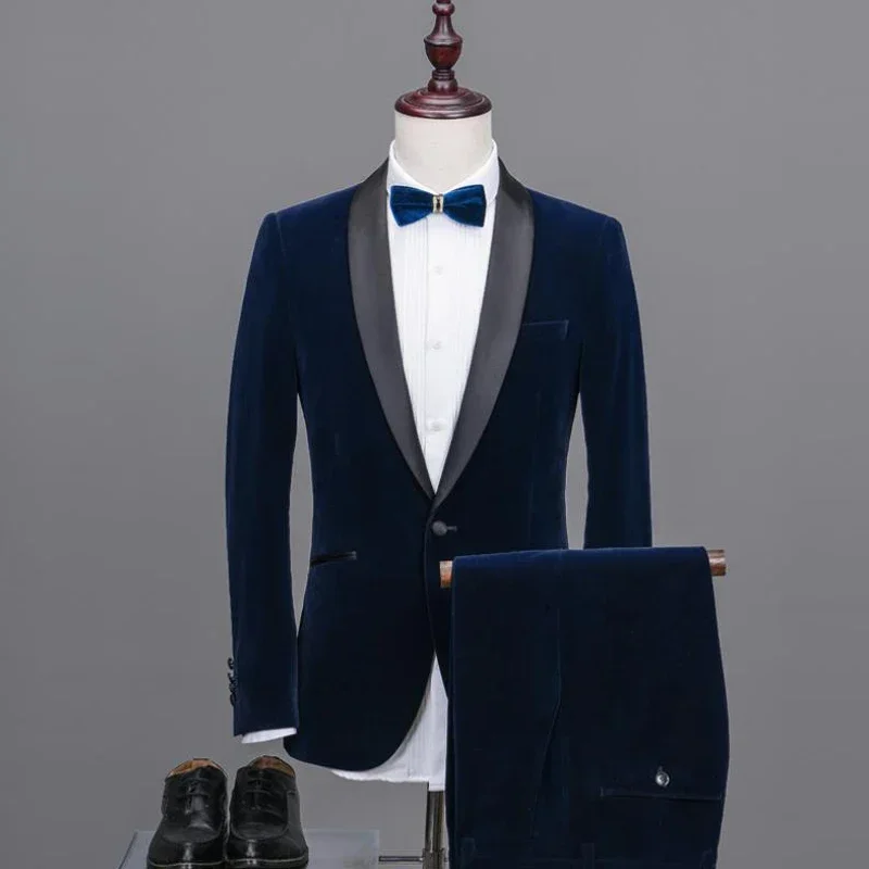 Formal Business Men Suits For Wedding 2 Pcs Groom Tuxedo Shawl Lapel Male Velvet Smoking Blazer With Trousers Fashion Costume image 2