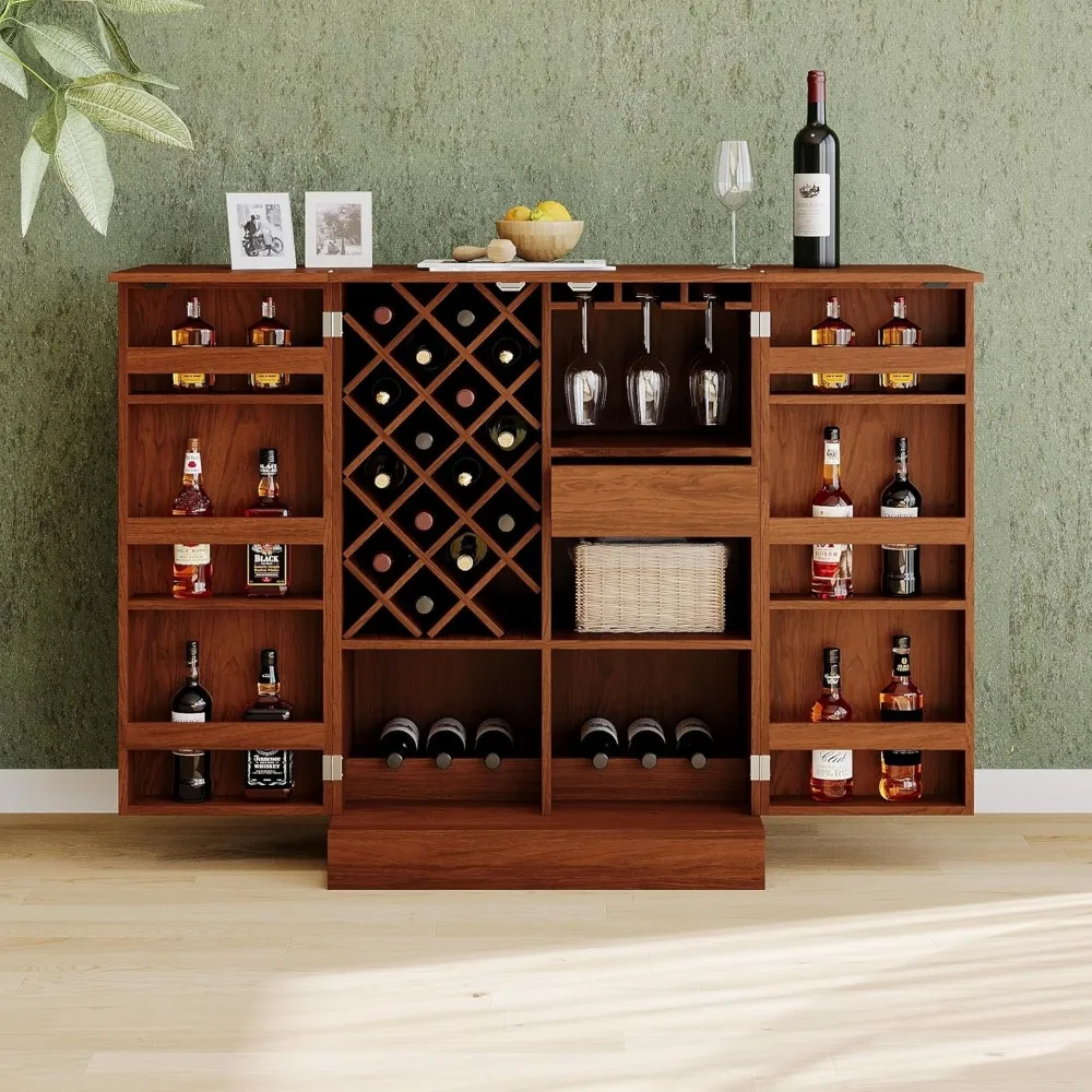 

Home bar cabinet rattan doors fold out of wine storage with an expandable tabletop walnut sideboard