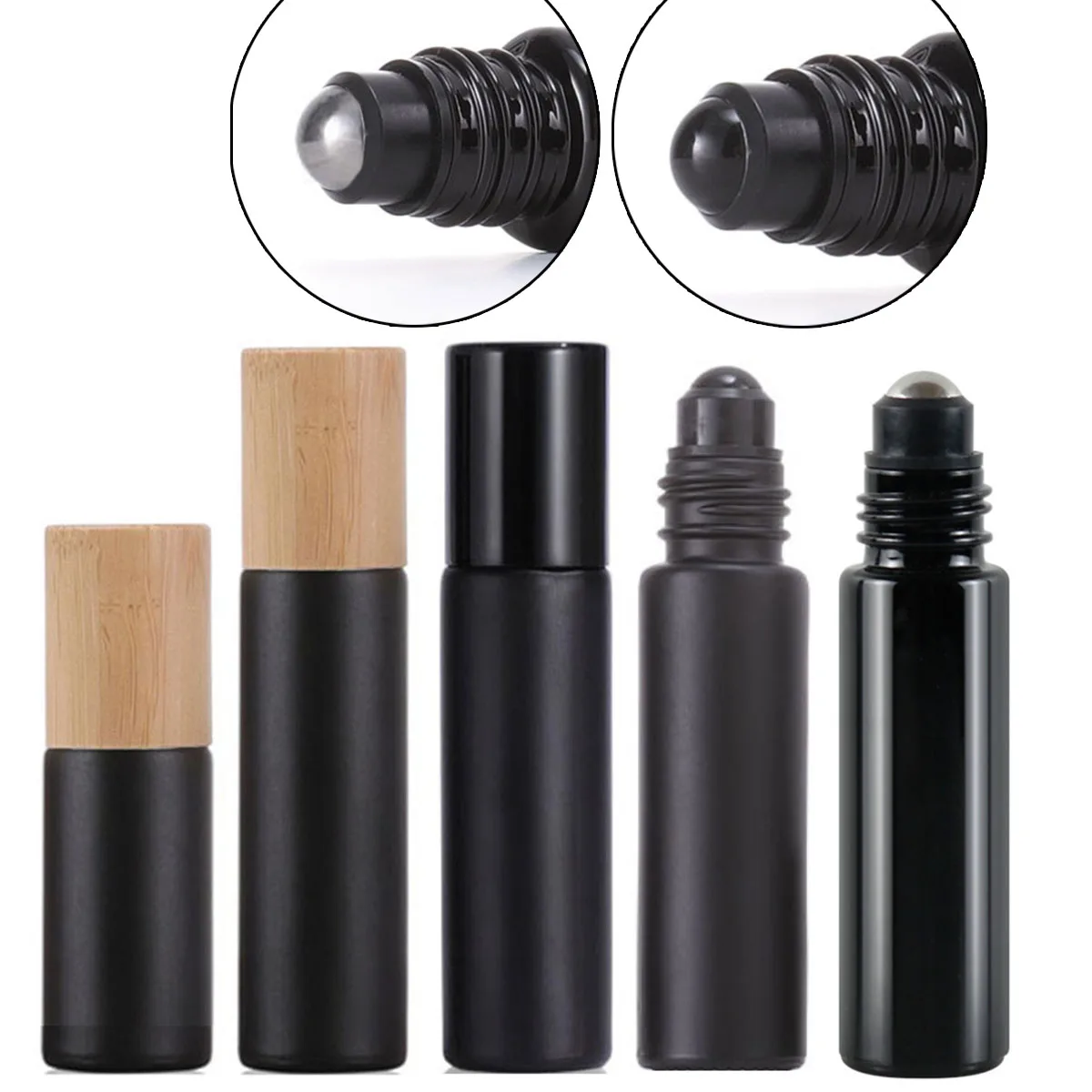 1X 10X 5ML 10ML Glass Black Roll On Bottle Essential Oil Natural Obsidian Ball Roller for Perfume Aromatherapy Refillable Bamboo