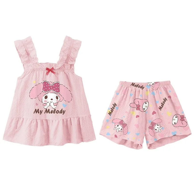 Kids Summer Short Sleeve Suit Anime Kuromi Cartoon Cute Tank Tops Shorts My Melody Absorbs Sweat Breathable Loungewear Girl Gift