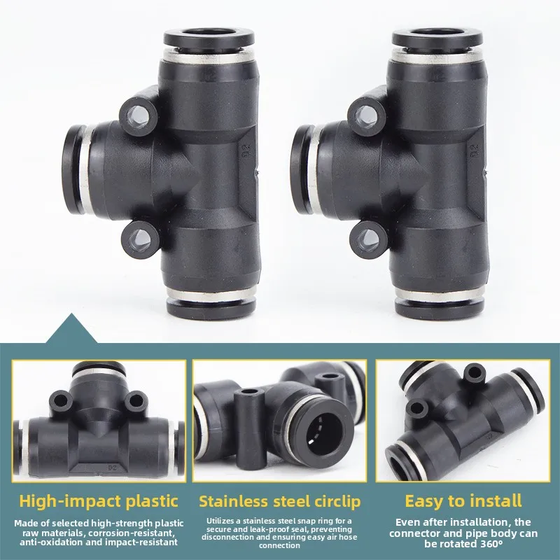 Industrial T Type Tee Pneumatic Fitting PE4 PE6 PE8 PE10 PE12 PE14 PE16mm Quick Connect Air Hose Pipe Connector Adapter