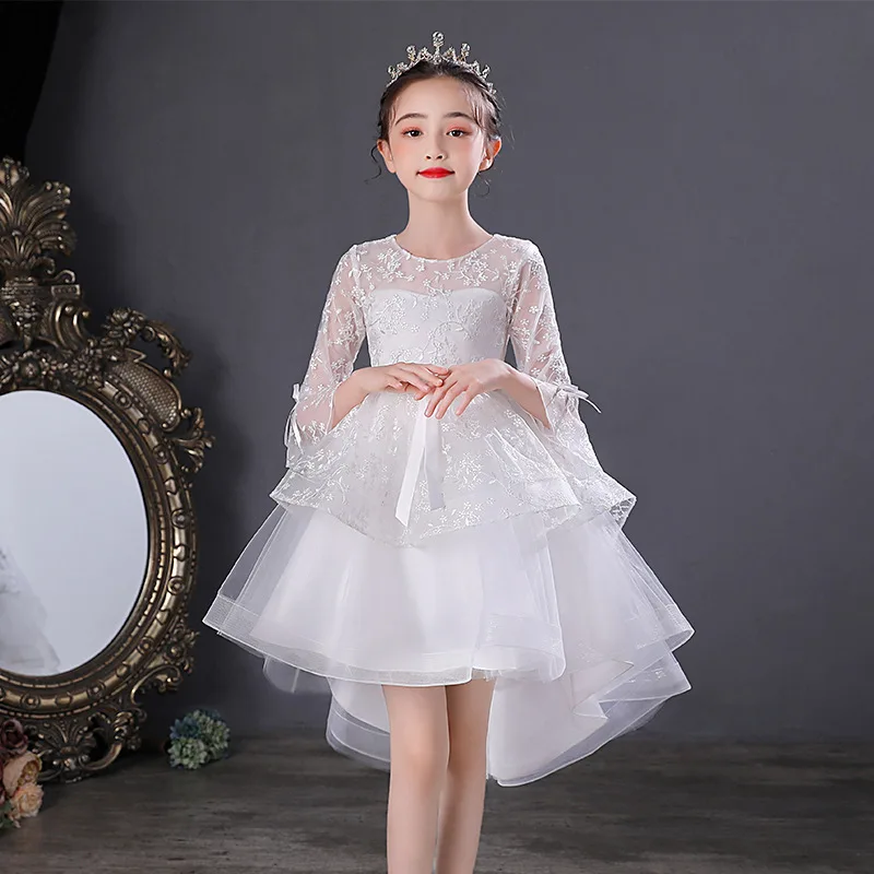 

Children's White Princess Piano Dress, Medium Size Children's Dress Spring and Autumn Mesh Sleeve Fluffy Mesh Princess Dress