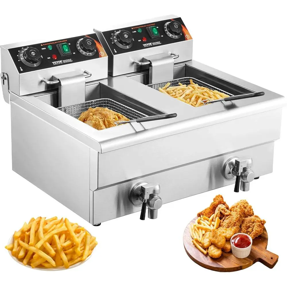

Dual Tank 3000W Electric Countertop Fryer with Basket, 22L Stainless Steel, Time & Temp Controls for Kitchen & Restaurant