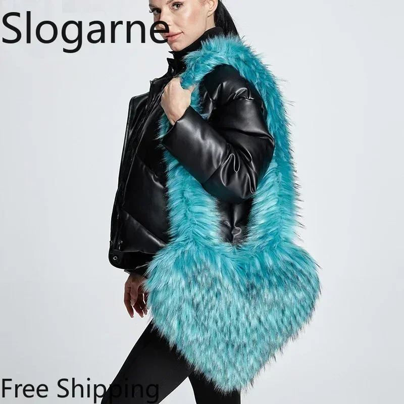 Bolsas de Ombro Femininas de Inverno 2026 em Pelúcia Fofa, Formato de Coração, com Pelo Sintético de Guaxinim, Bolsas Tote Fofas em Formato de Coração para Mulheres