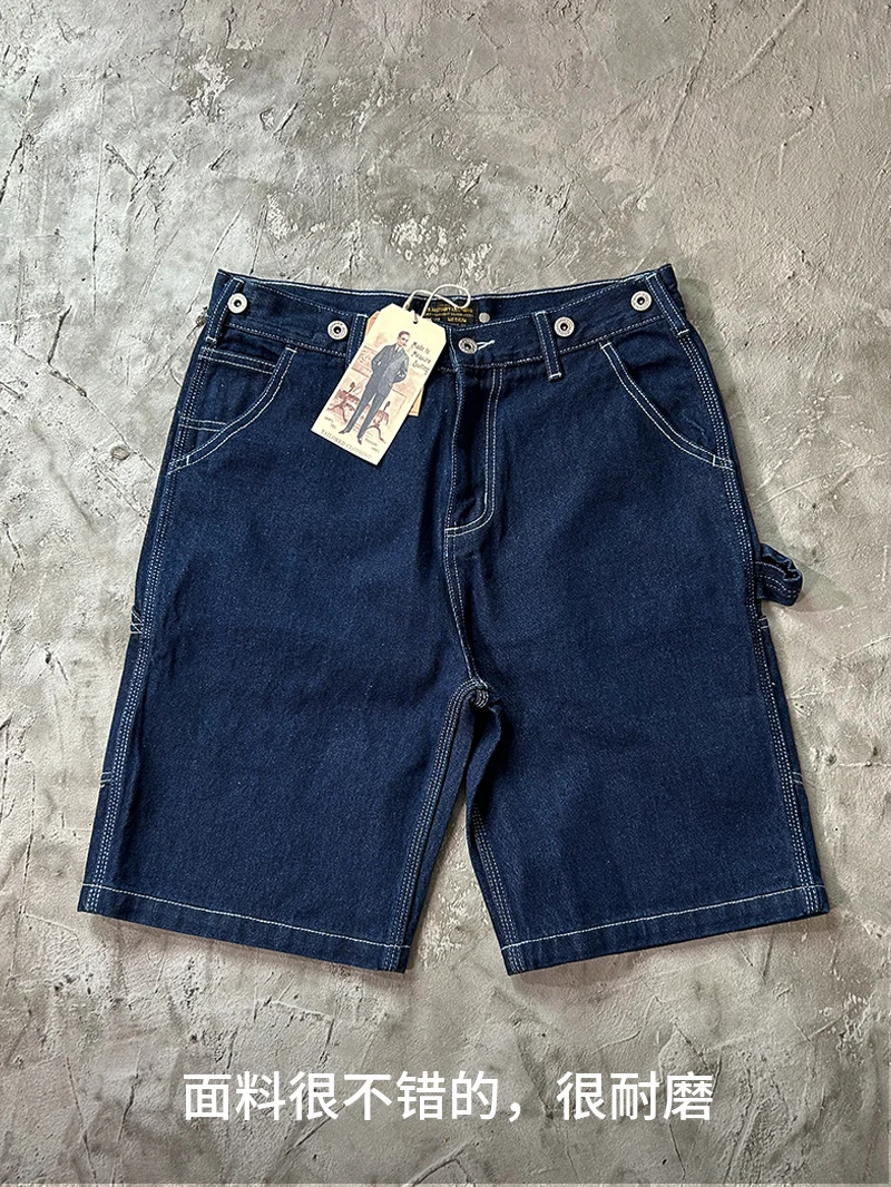 Short de travail en denim délavé vintage indigo pour hommes, demi-jean droit, coupe de calcul, poches multiples, été, rétro américain, 13.5oz