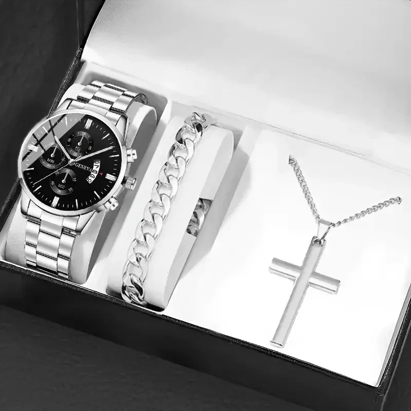 3PCS/Set 1pc Fashion Men\'s Casual Stainless Steel Watch Luxury Calendar Quartz Watch and 1 Pc Bracelet and 1 Pc Necklace