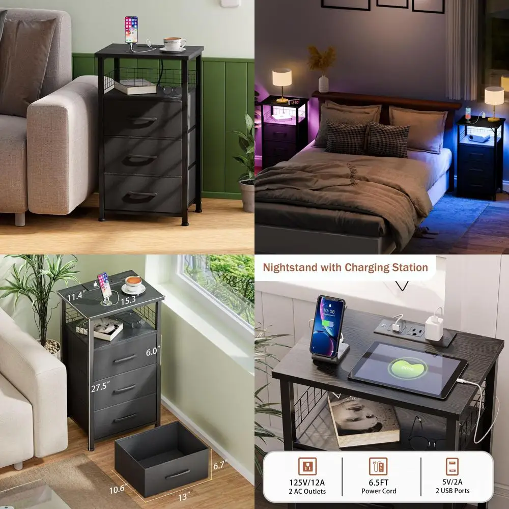 

Black Bedroom Nightstand Set with Charging Dock, LED Light, Fabric Drawers, and USB Ports