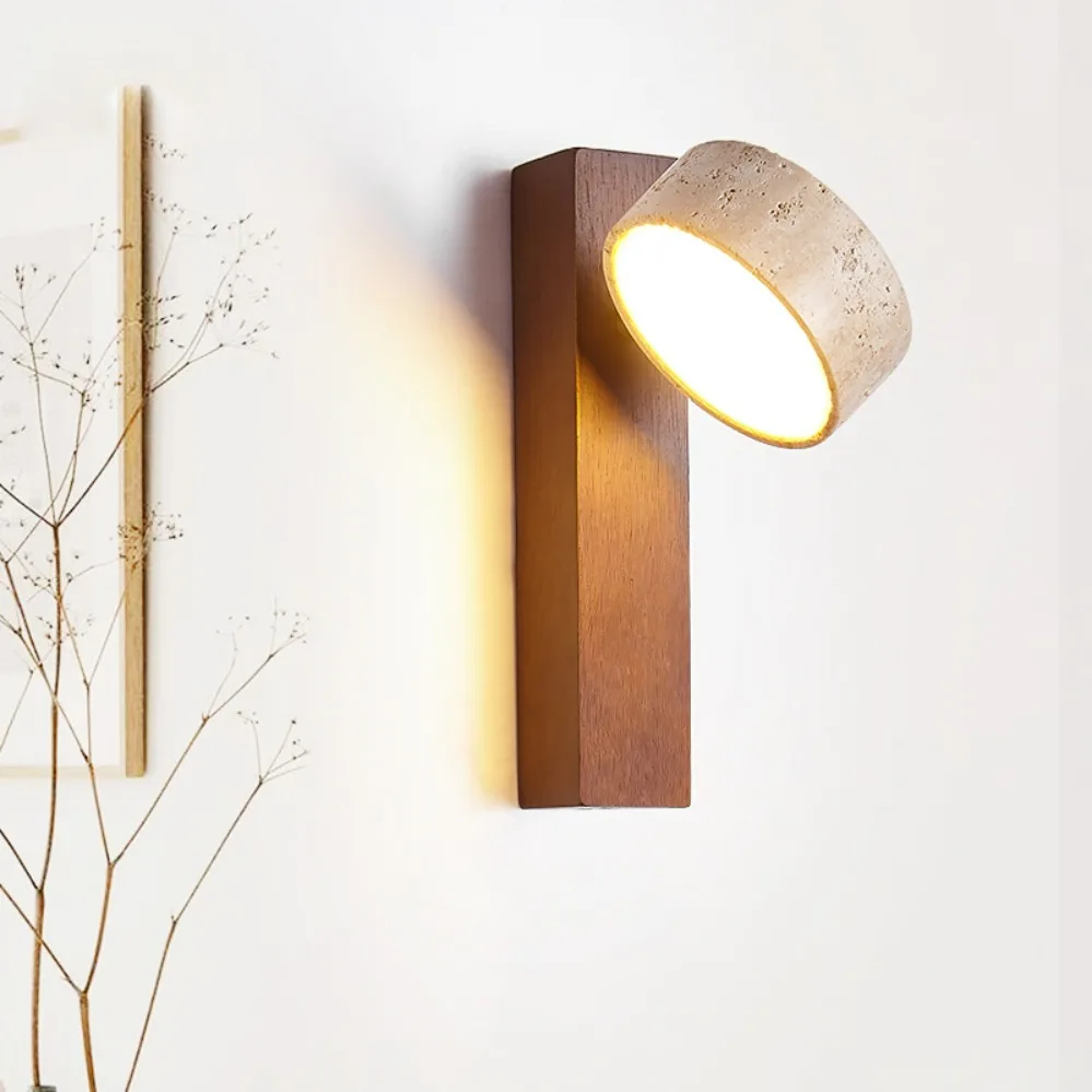 Applique murale japonaise en travertin jaune Wabi Sabi, avec interrupteur à chaîne de traction, lumières LED rotatives en pierre de bois pour éclairage de chevet