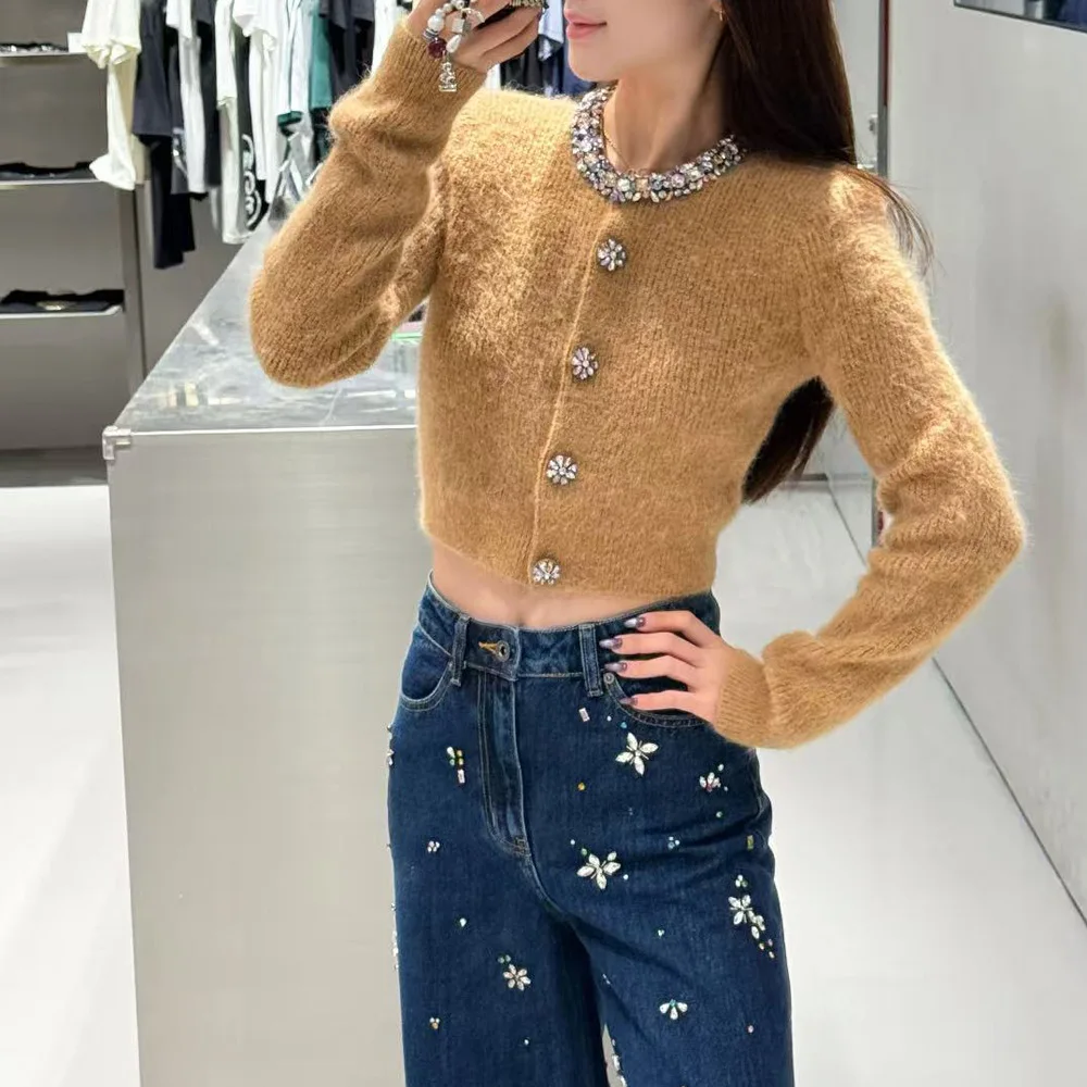 Faionable ort Cárdigan de punto redondo Ne Color Diamond prendas de vestir exteriores para mujer otoño 2025 fibra de poliéster básica Sle