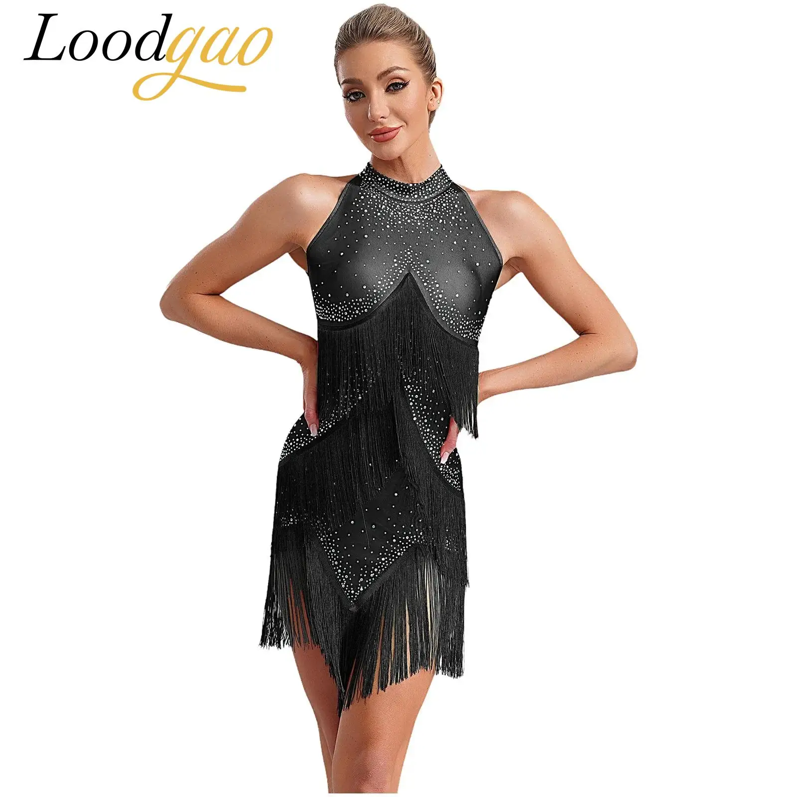 

Women Cosplay Sexy Dancer Fringed Dress Dancewear Chacha Dress Backless Leotard Dress Carnival Performance Latin Dance Costume
