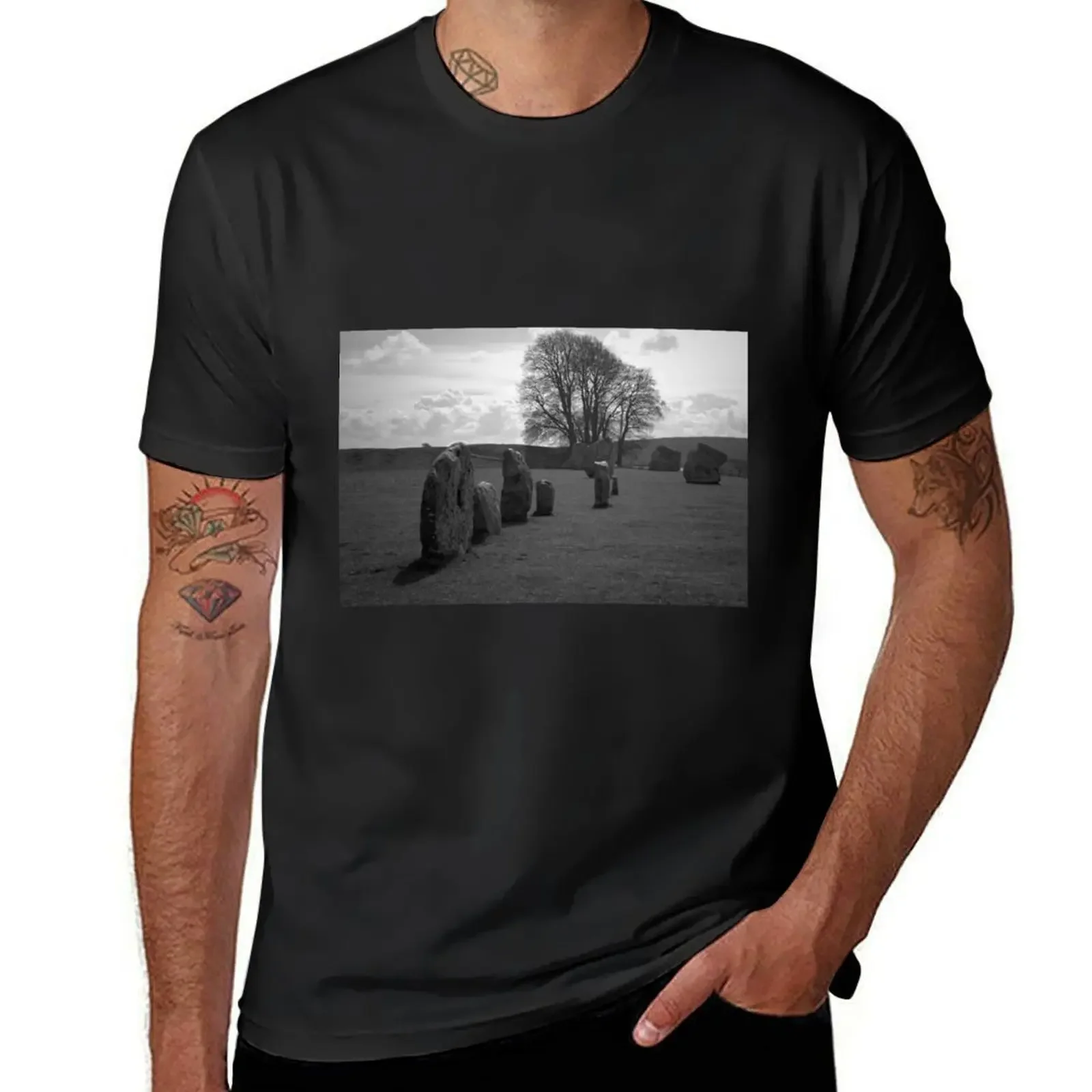 Avebury Great Henge in Wiltshire. Black and White Photograph T-Shirt man t shirt blanks clothes for men