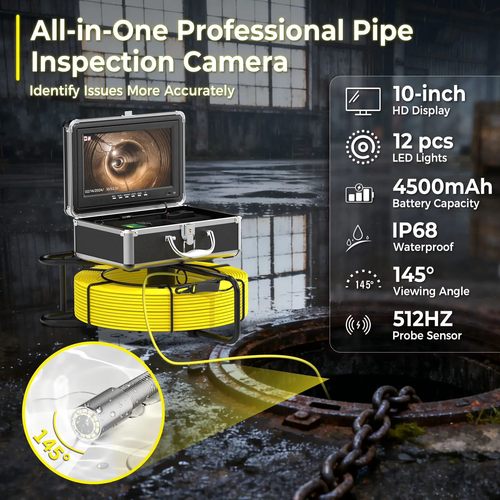 MS10.1inch IPS Sewer Pipe Camera DVR 7mm Cable Auto Self-Leveling 512hz Locator AHD 1080P Video Borescopea with Meter Counter