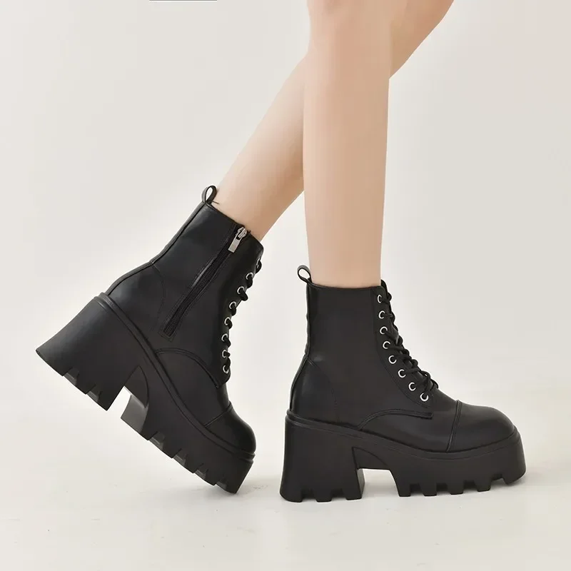 Classical Lace Up Womens Ankle Boots Platform Chain Decoration Zipper Anti Slip Thick Bottom Motorcycle/Gothic Shoes Size 35-43