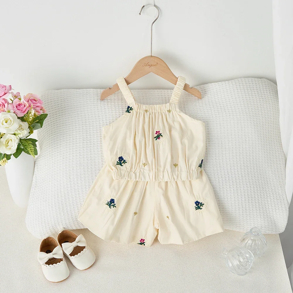 2 個韓国スタイルの夏服セット女の子 0-3Y スリングトップとショーツベビーキッズの繊細な刺繍スーツ幼児服