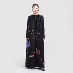 Miyake Autumn New Women's Long Cardigan Coat Black Advanced Style Style Black Round Neck Pleated Windbreaker Coat