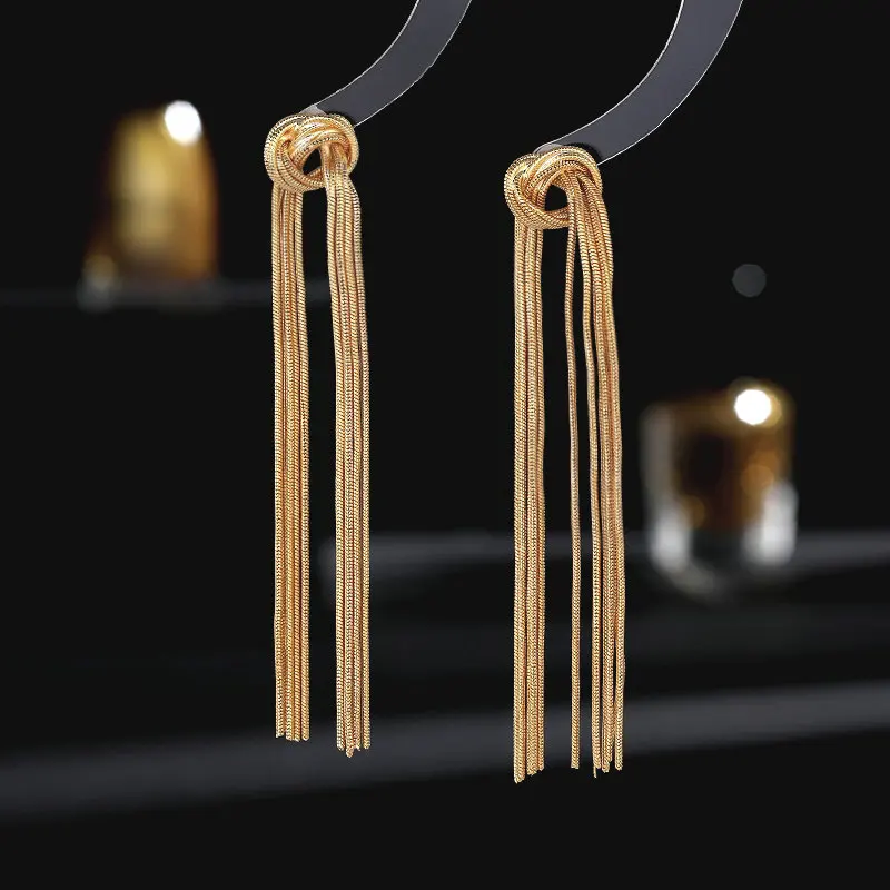 

Designer Niche Light Luxury High-End Trendy Silver Needle Creative Knot Big Sister Same Style Gold Tassel Earrings