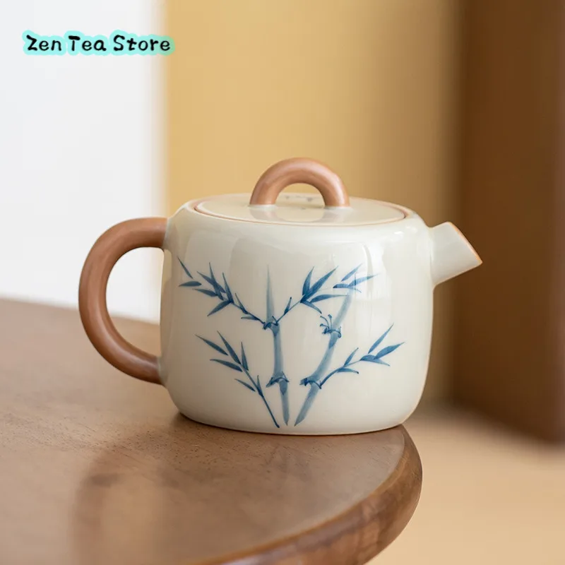 Chinese Hand-painted Blue Bamboo Household Ceramic Small Teapot Single Pot High-end Manual Kung Fu Tea Set Tea Pot Set