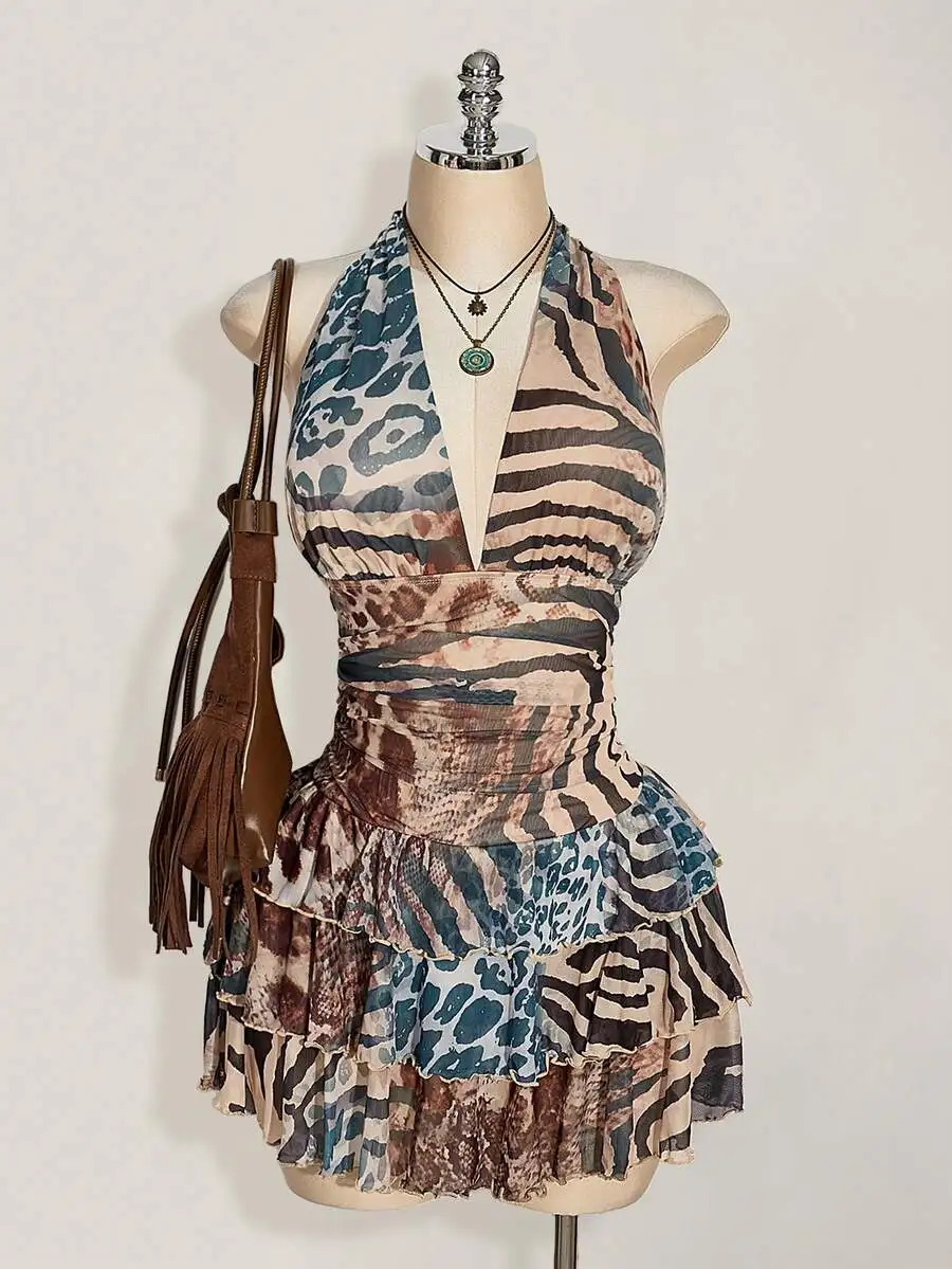 

Animal Print Halter Neck Ruched Waist Tiered Mesh Dress