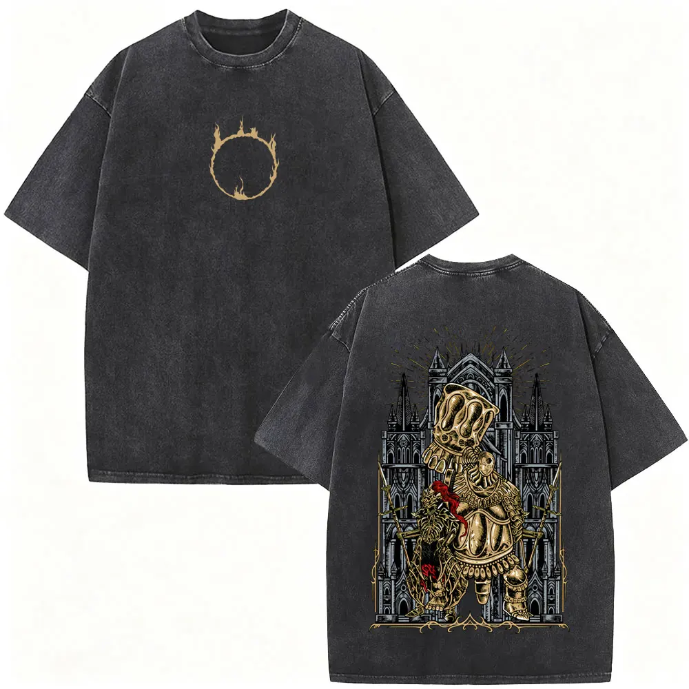 Dark Souls High Lord Wolnir Skelett Vintage Washed T-Shirt für Männer und Frauen, Retro Gothic Rock Streetwear, Übergroße T-Shirts für Männer – Detail 4