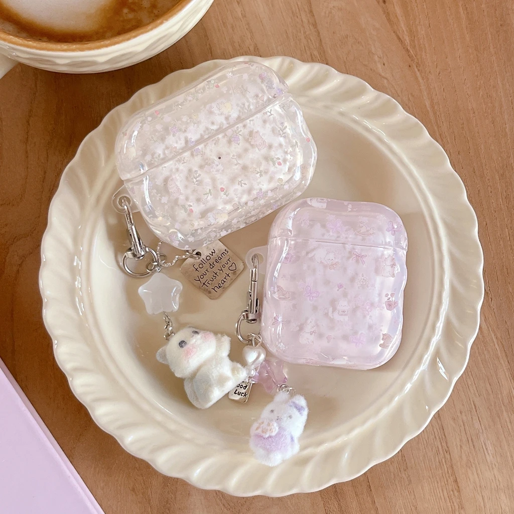 Cartoon Healing Sweet Fresh Little Flower Rabbit Wavy Edge With Pendant Earphone Case Cover for AirPods 1 or 2 3 4 Pro 2 Pro 3 - view 2