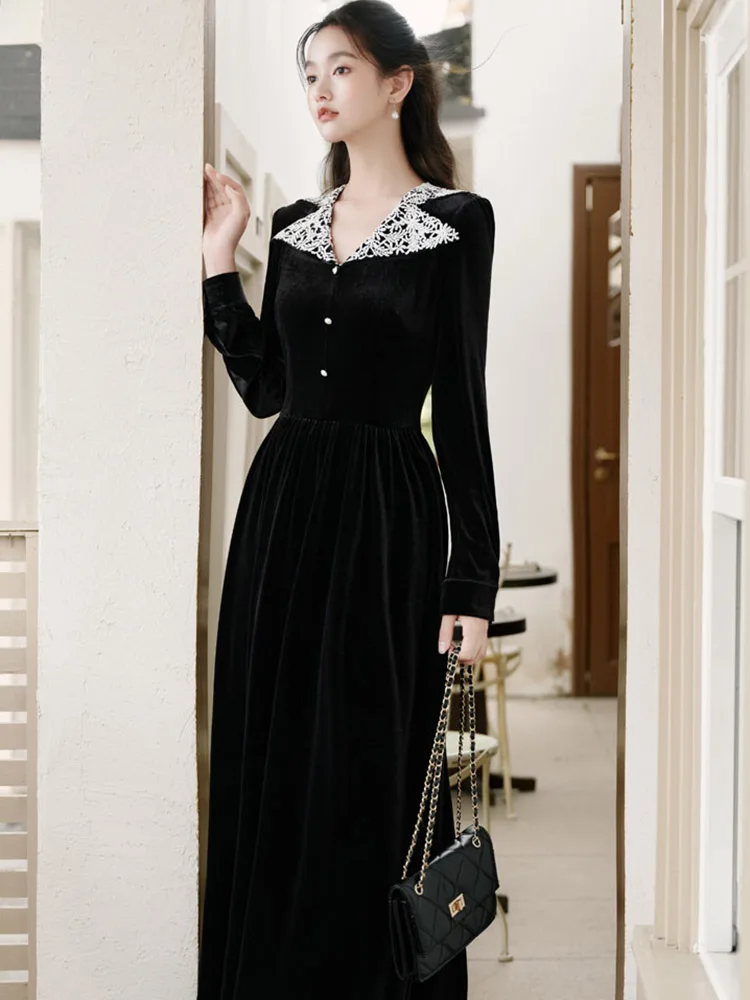 韓国風ヴィンテージ風ヘップバーン風高級イブニングドレス 秋冬 ブラックベルベット パッチワークドレス 2025 エレガント ボディコン フェスティバルドレス