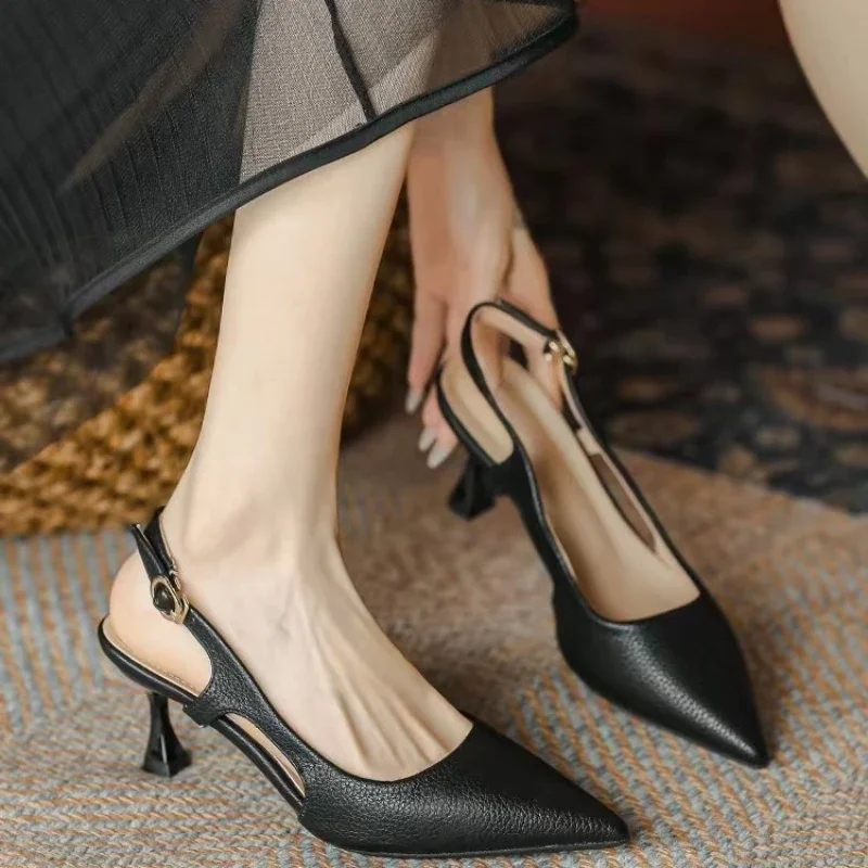 New Women Pumps Pointed Toe Sandals Slip on High Heels Sandal Black Sexy Heels Slingbacks Office Lady Shoes Wedding Summer