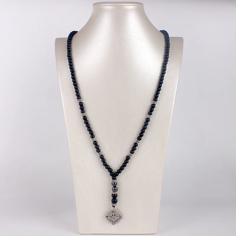 Colar de obsidiana preta fosca de 6 mm com pingente de bússola para homens joias artesanais