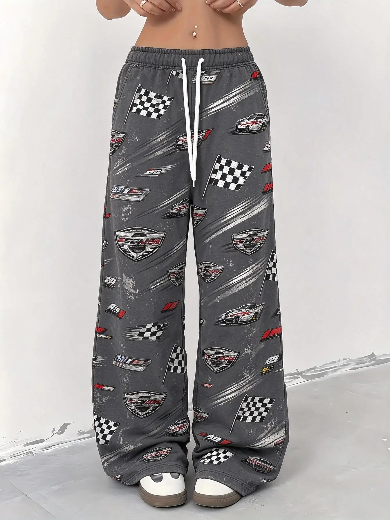 Hip Hop Ladies Low Rise Wide Leg Sweatpants Cosmic Planet Racing Car Flag Allover Print Loose Daily Casual Pants