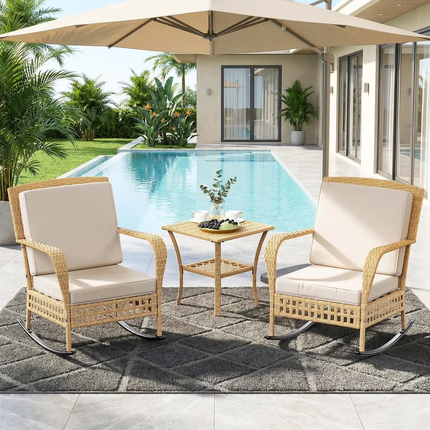 Outdoor Rocking Chair Set 3 Pieces Wicker Patio Furniture Set Bistro Chairs With Soft Cushions Two Tier Coffee Table Frame Decor For Balcony Garden Porch Black