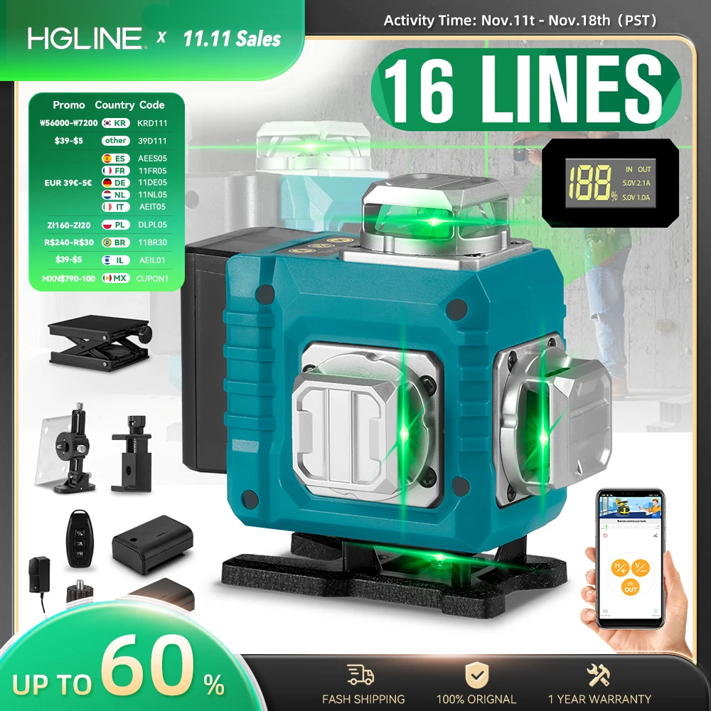 Linhas Nível Laser Linha Verde Controle Remoto App Instrumento de Medição Horizontal e Vertical Nível Laser Inclinado Hgline4d 16