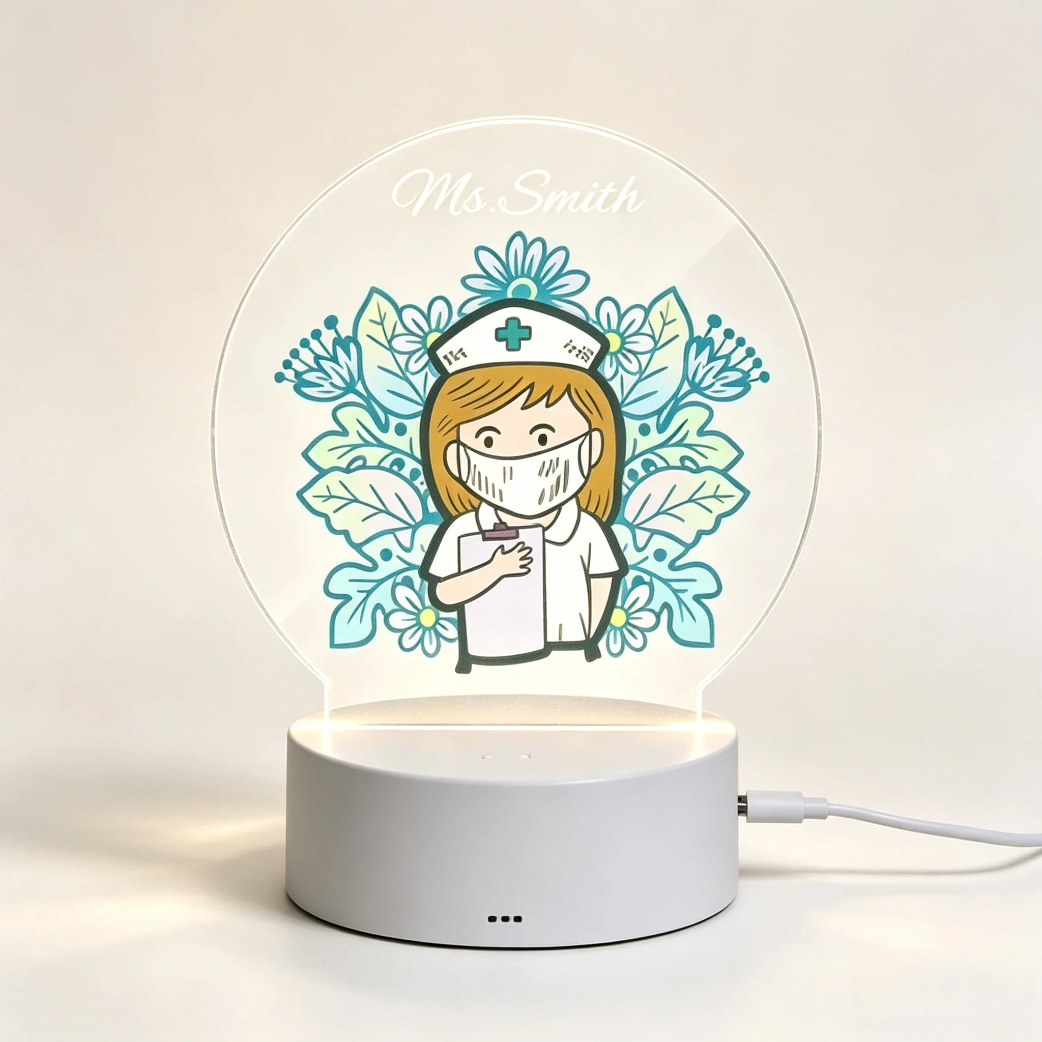 Custom Name LED Acrylic Night Light, Cartoon Nurse Floral Pattern USB Touch Lamp Nurse Day Appreciation Gift