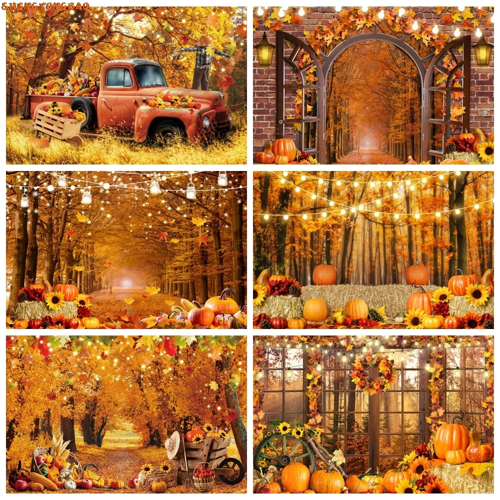 

Autumn Forest Scene Backdrop Fall Farm Barn Window Pumpkin Haystack Harvest Thanksgiving Baby Portrait Photography Background