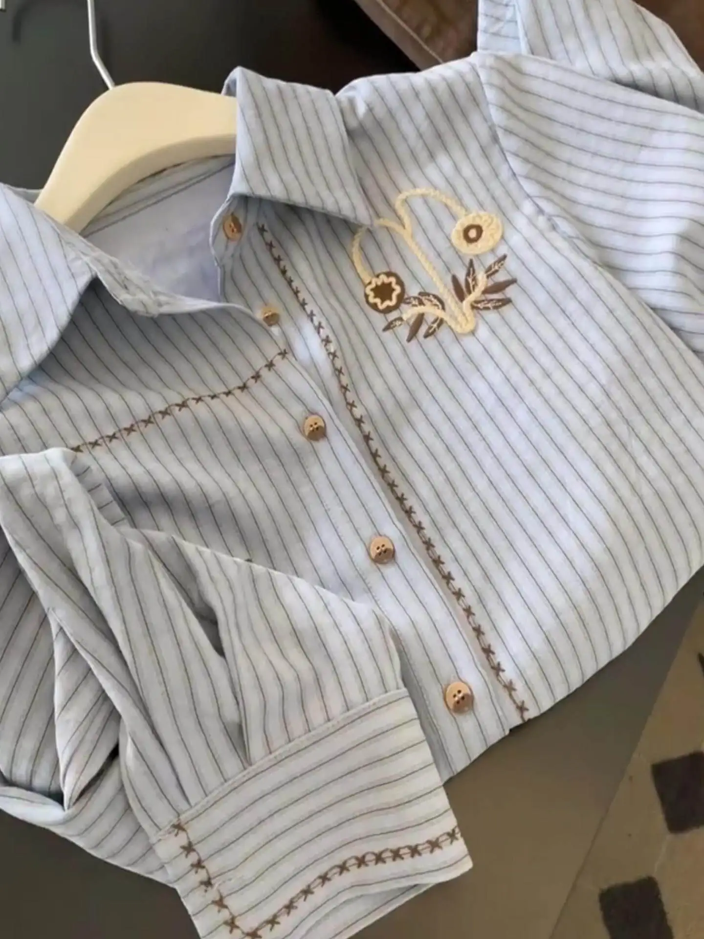 Blue Stripe Embroidered Long Sleeve Shirt 2026 Spring Autumn New Style Stacked Top Women Versatile Commuter Slim Shirts