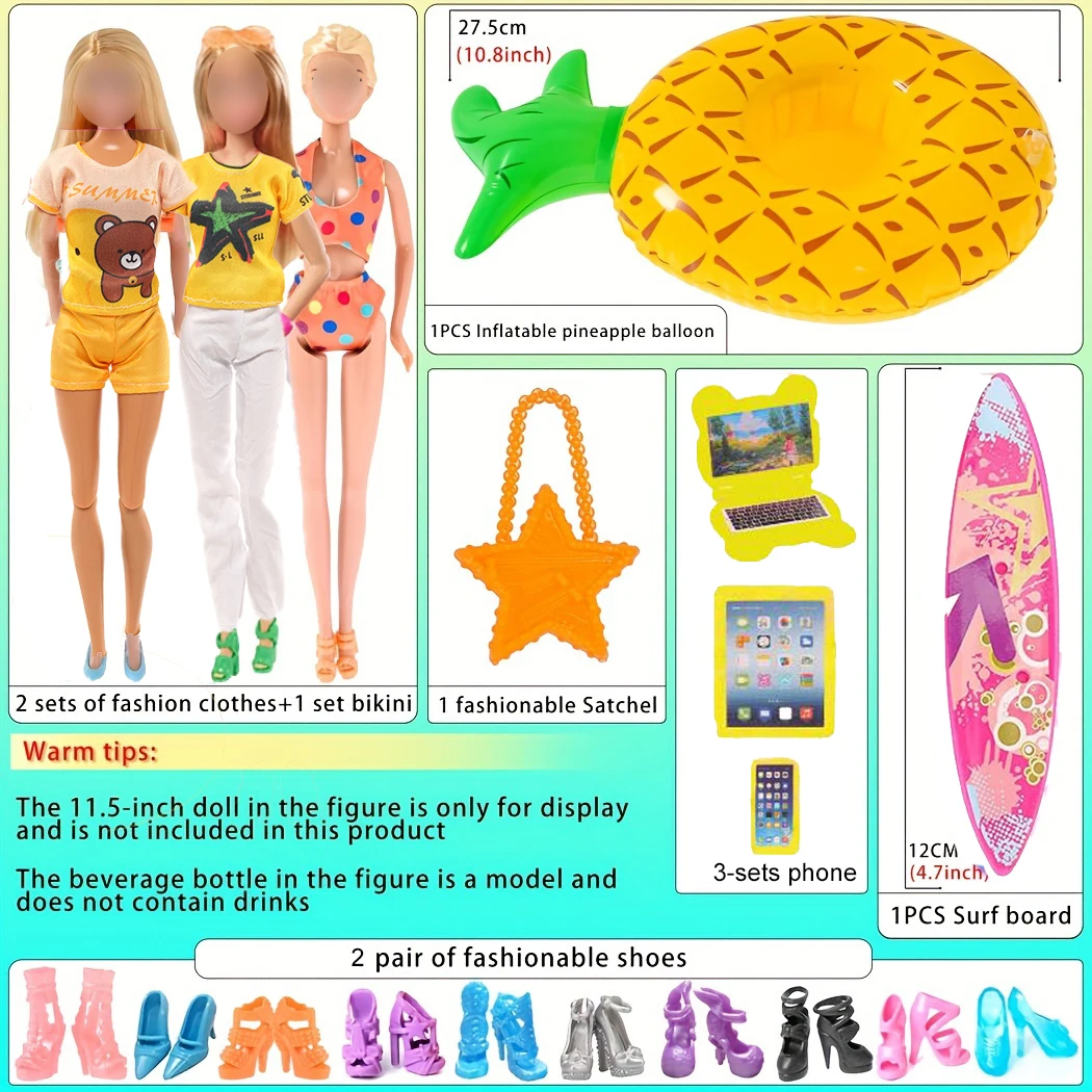 11 items For Barbie Doll Clothes and Accessories fashion clothes bikini floating bag 3-set phone surf board shoes