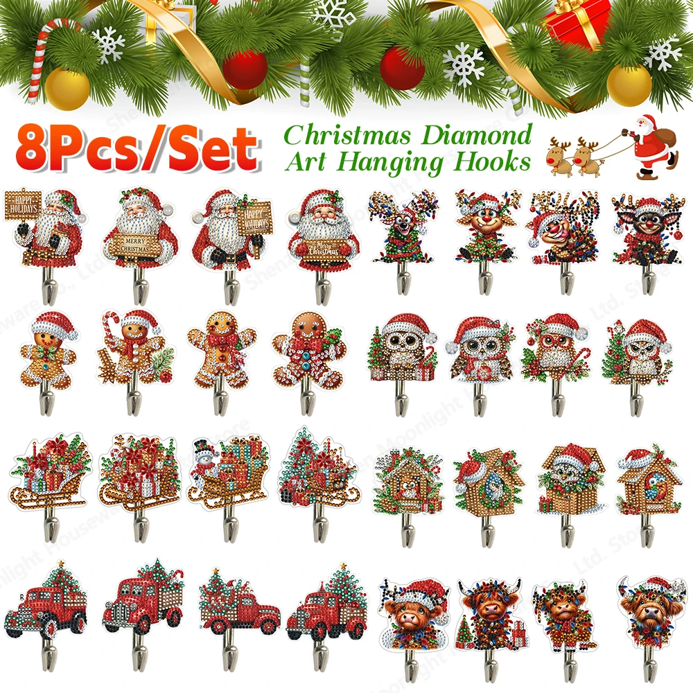 

8Pcs Christmas Theme Diamond Art Hanging Hooks Rhinestone Painting Keychain Hanger for Beginners Adults