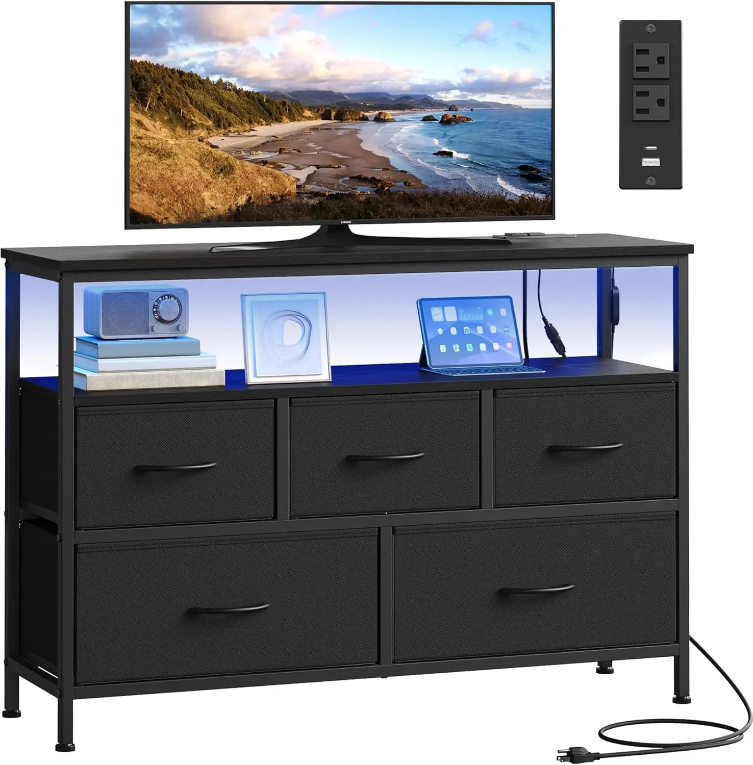 

Современный комод с LED-подсветкой, управляемой через приложение, зарядной станцией, 5 ящиками и полкой для спальни или гостиной, цвет черный.