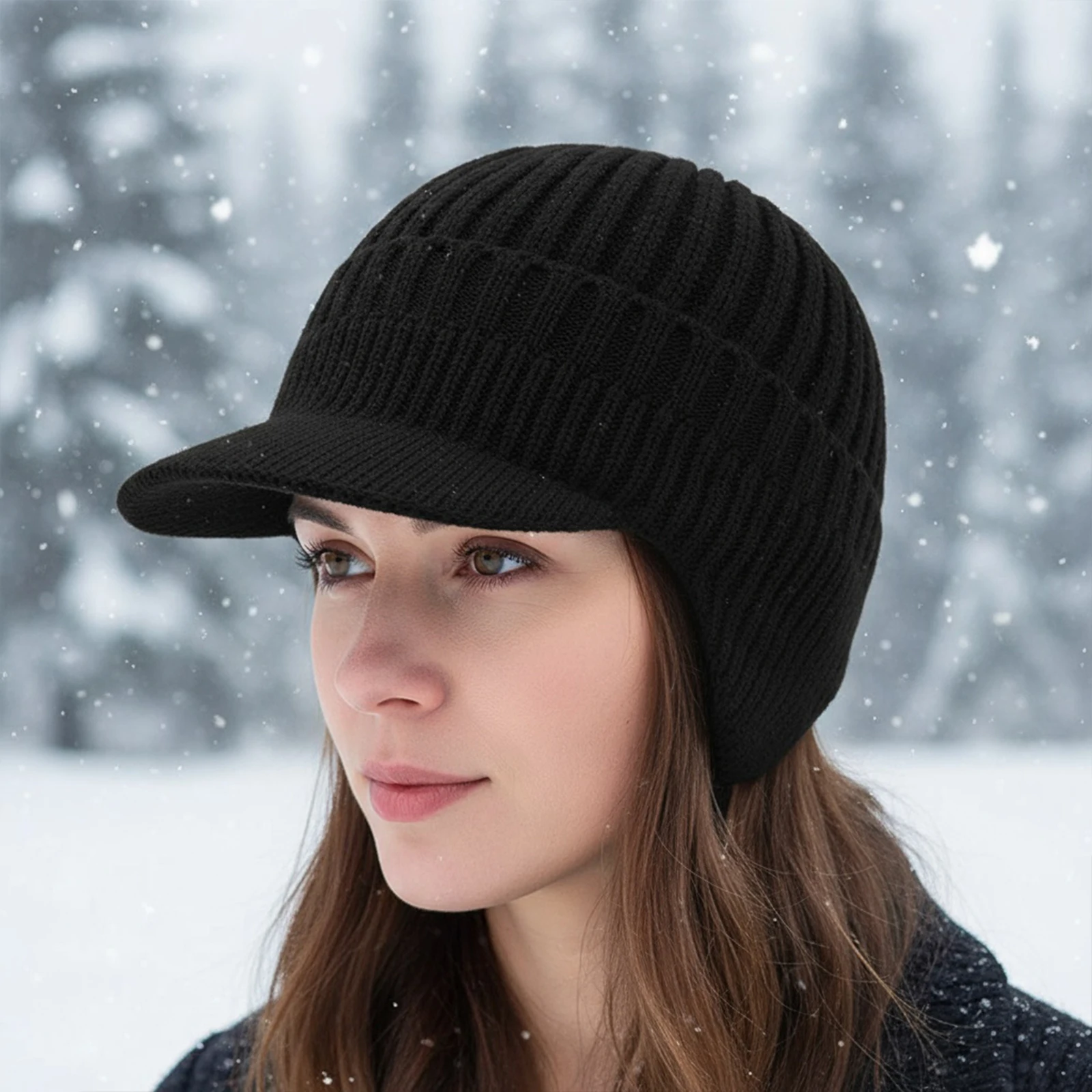 Knitted Hat with Brim and Ear Flaps Outdoor Warm Fleece Lined Knit Hat Stocking Caps for Men