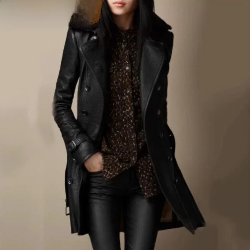 

Women's Fur Collar Leather Jaet Medium to Long Sve Cotton Coat European Sle Winter Faion Middle-Aged Women's Clothing