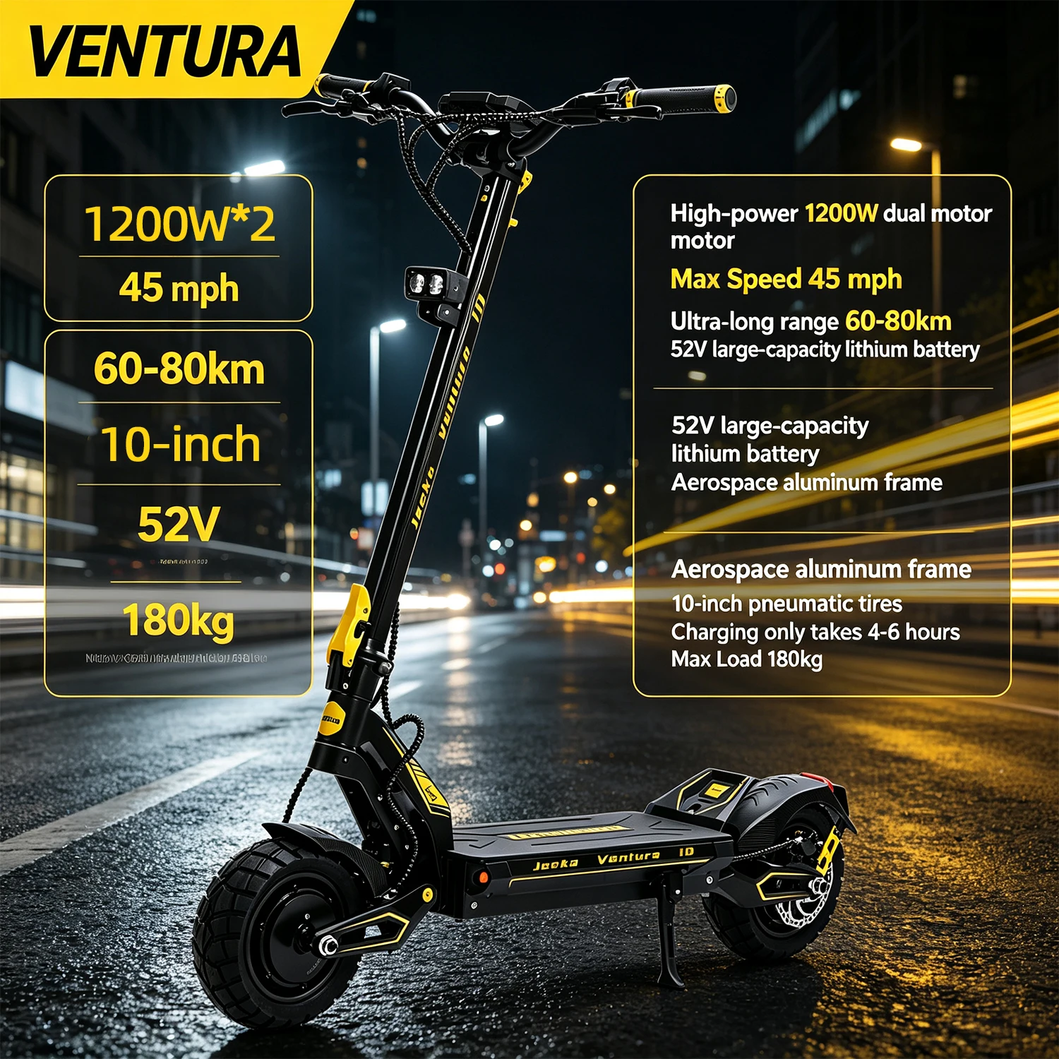 Foldable Electric Scooter 1200W Dual Motors 45MPH 52V20Ah Battery 45 Miles Range Dual-Arm Suspension Dual Hydraulic Disc Brakes 10Inch Anti-skid OffRoad Tires Aviation Aluminum Frame High Speed Stability for Commuting and Off-roading