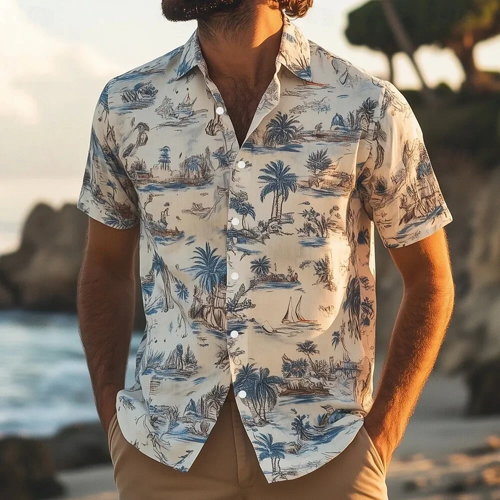 

Hawaiian shirt for men Palm tree print summer casual lapel short sleeve shirts male outdoor travel oversized Clothing Streetwear
