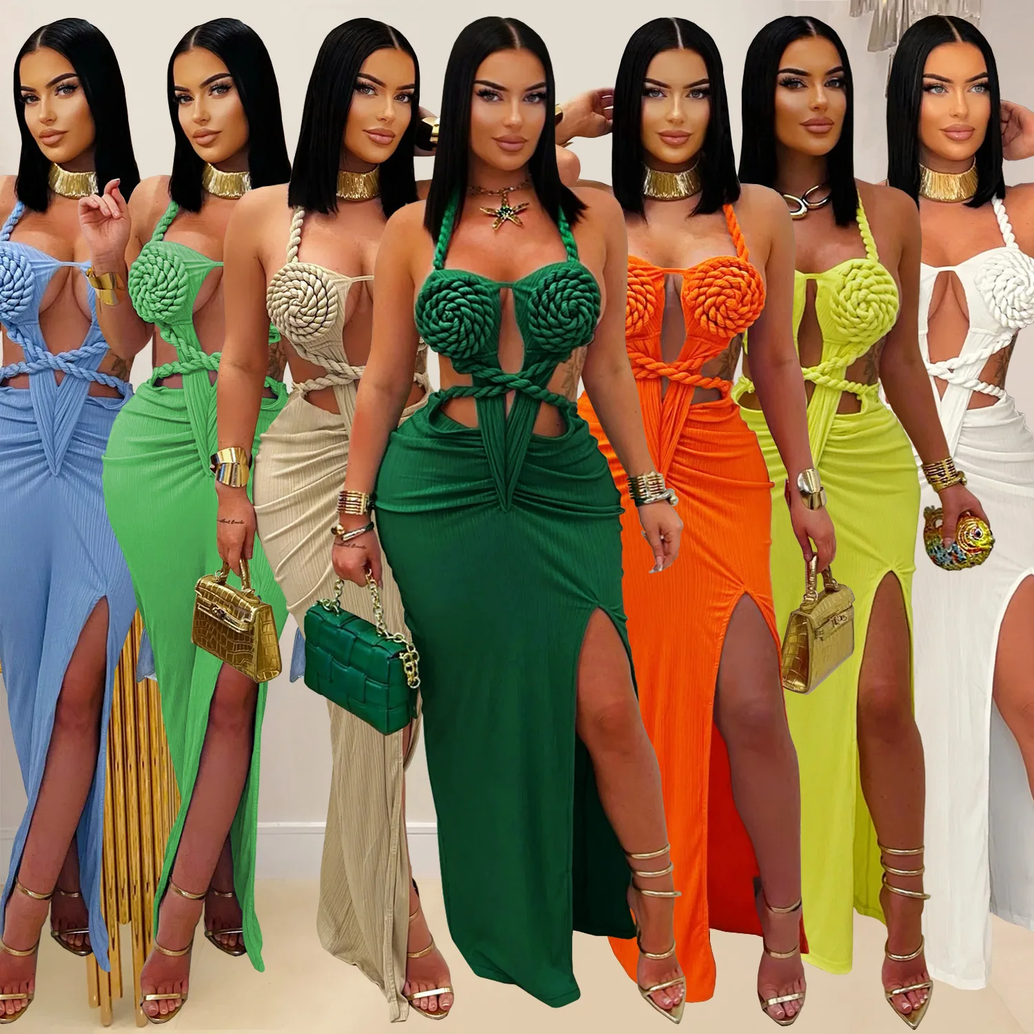 

2025 Fashion Women's Sexy Knitted Neck Backless Solid Color Dress Europe and America