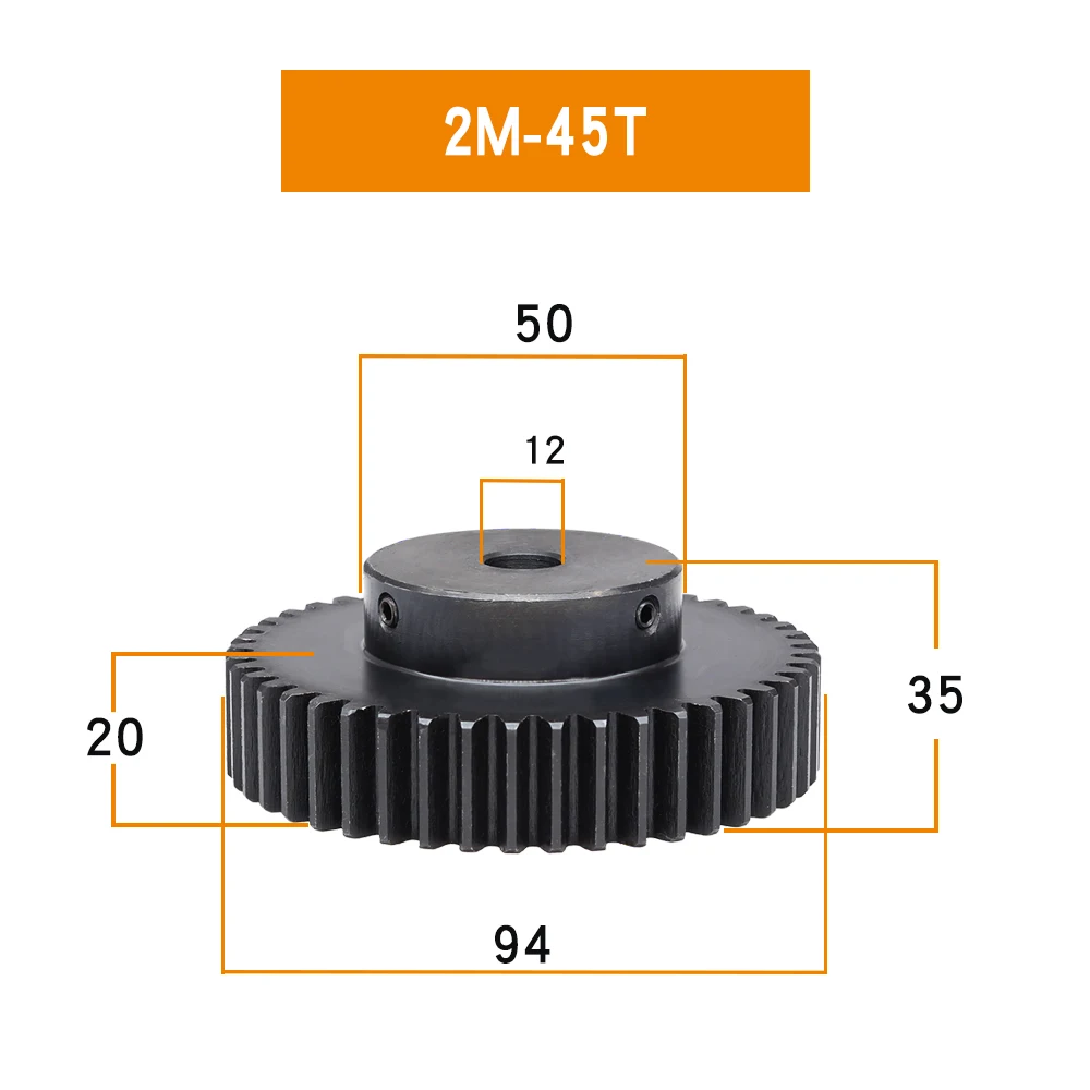 Transmission Gear 2M45Teeth 46Teeth Bore 12 mm Gear Wheel Blackening SC45#Carbon Steel Teeth Height 20 mm  Gear 45T 46T