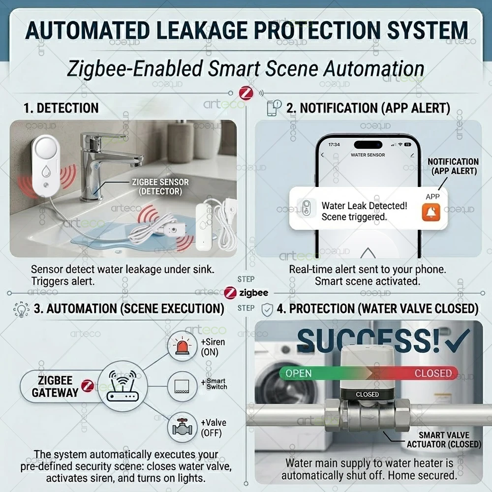 Zigbee Water Leak Sensor Flood Leakage Detector with 110dB Siren Alarm for Kitchen/Bathroom Support Tuya Smart Life Zigbee2MQTT view 5