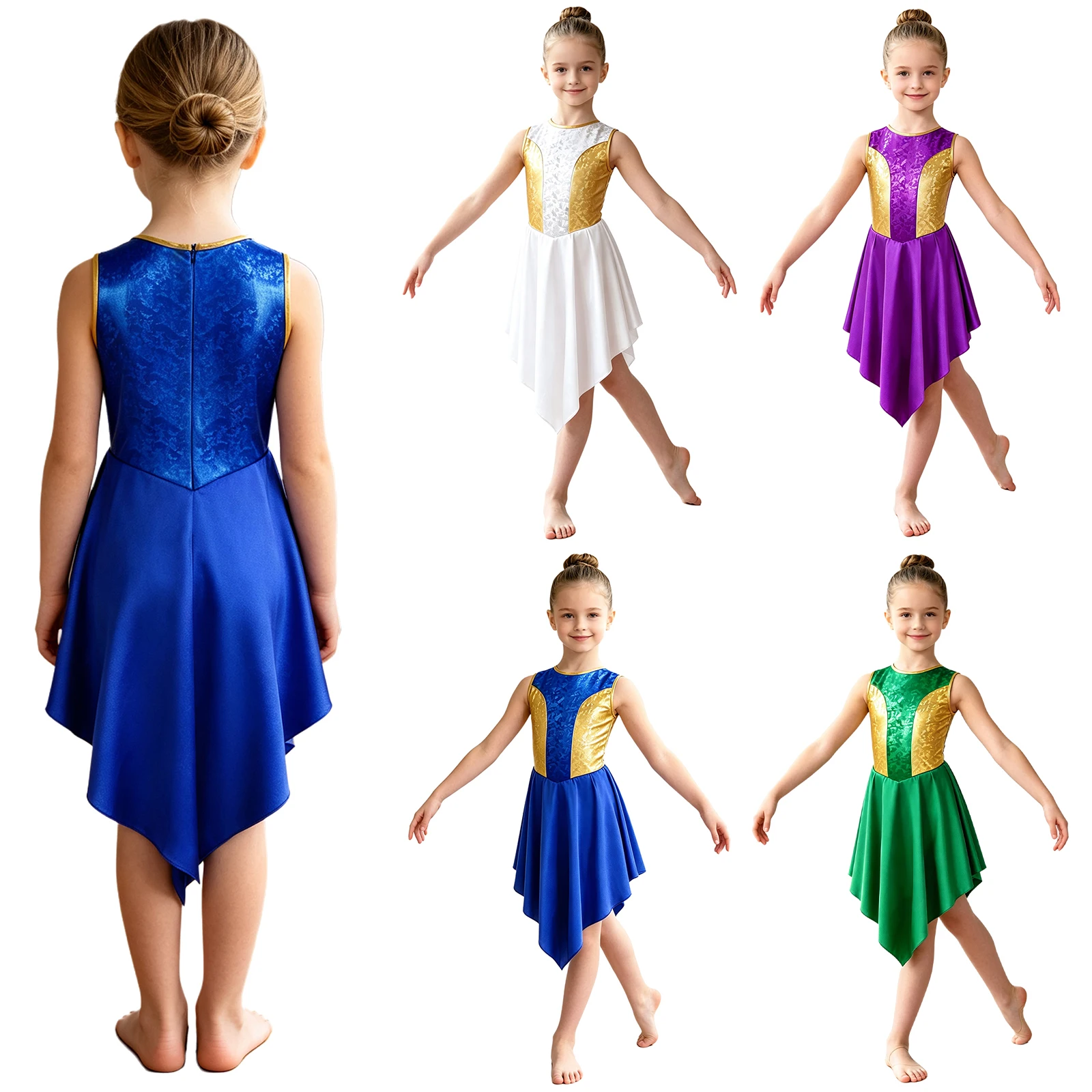 Kids Girls Praise Dance Tunic Dresses Sleeveless Color Block Metallic Bodice Asymmetrical Satin Hem Dress for Choir Church Pray