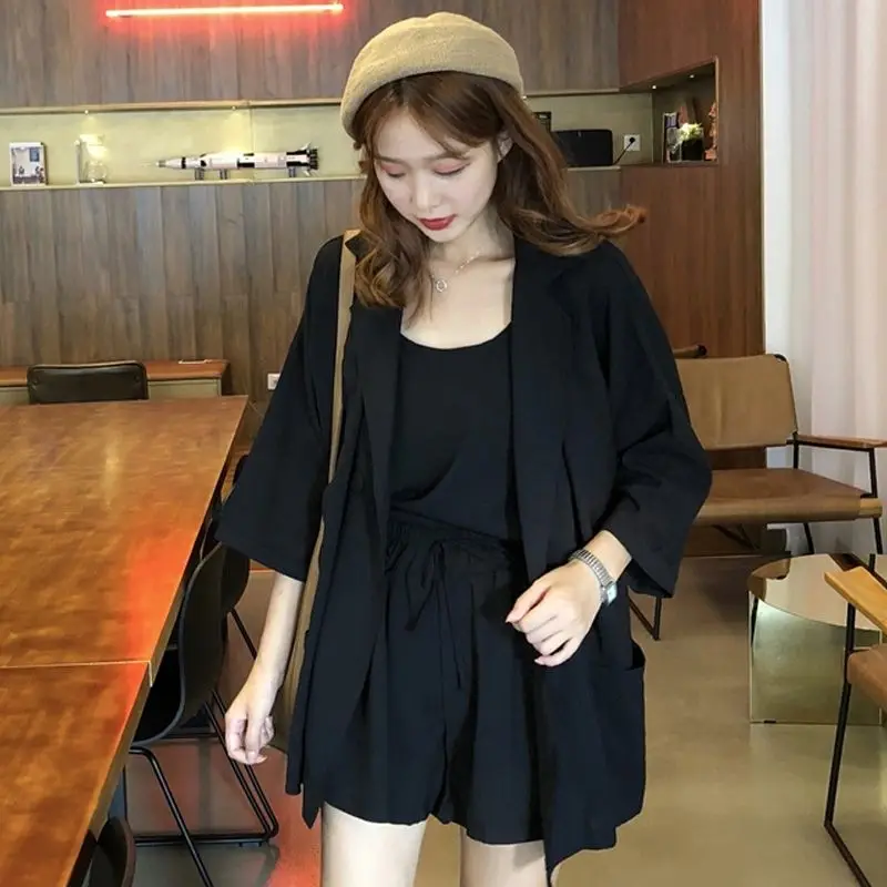 Women Summer Simplicity Solid Color 3/4 Sleeve Suit Jacket Ladies Fashion All-match Quarter Shorts Sexy Sling Three Piece Set