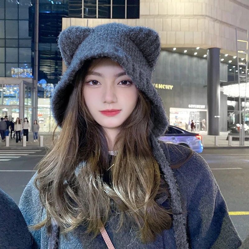 Cute Bear Ear Wool Hat Winter Beanies Warm Lace-up Ear Protection Knitted Bomber Cap Bonnets Knitting Korea Women Warm image 3