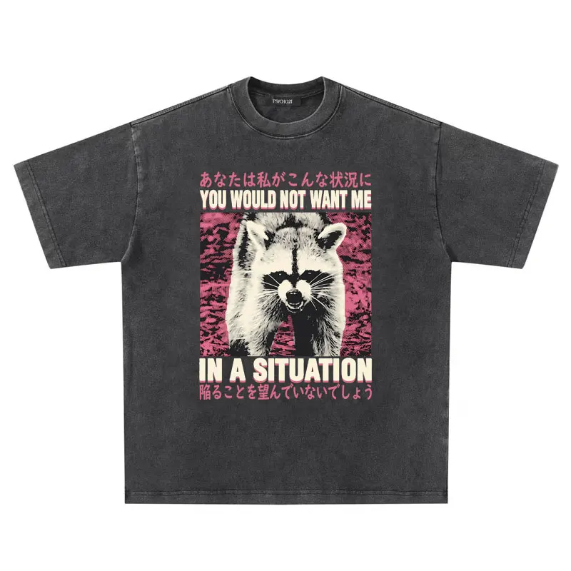 

Washed Vintage Funny Meme Raccoon Print T-shirt You Would Not Want Me in A Situation Tshirt Men Casual Oversized Cotton T Shirts