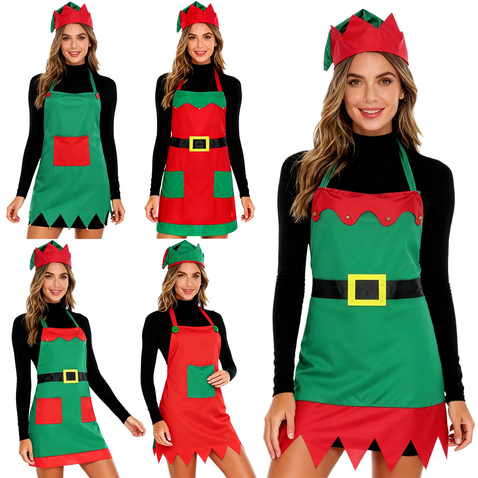 Christmas Elf Apron Red Green Lace-up Kitchen Cooking Baking Painting Aprons with Hat Xmas Party Mrs Santa Claus Cosplay Costume